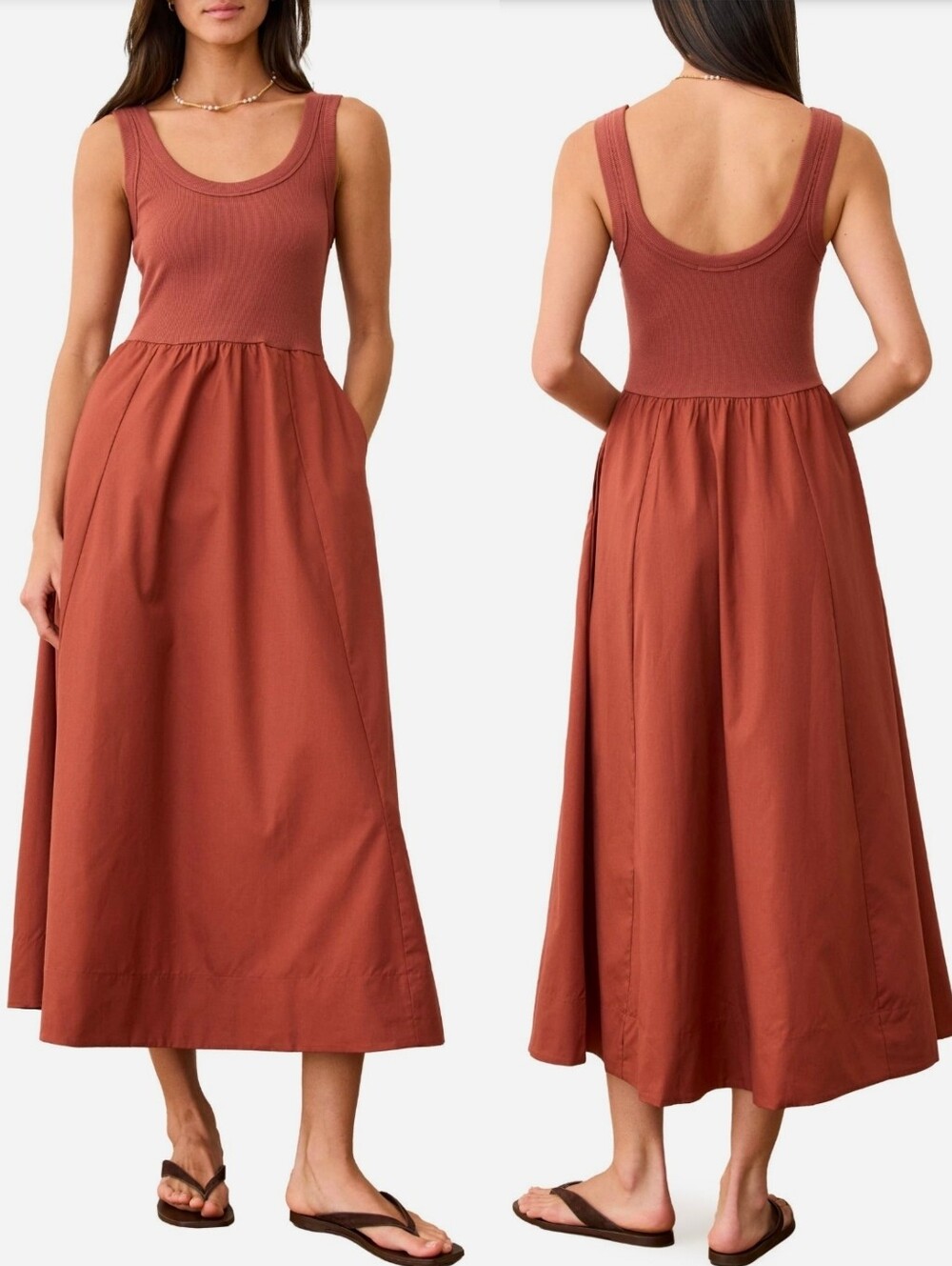 MARINE LAYER Rust Lexi Gemma Mixed Media Cotton Blend Midi Dress